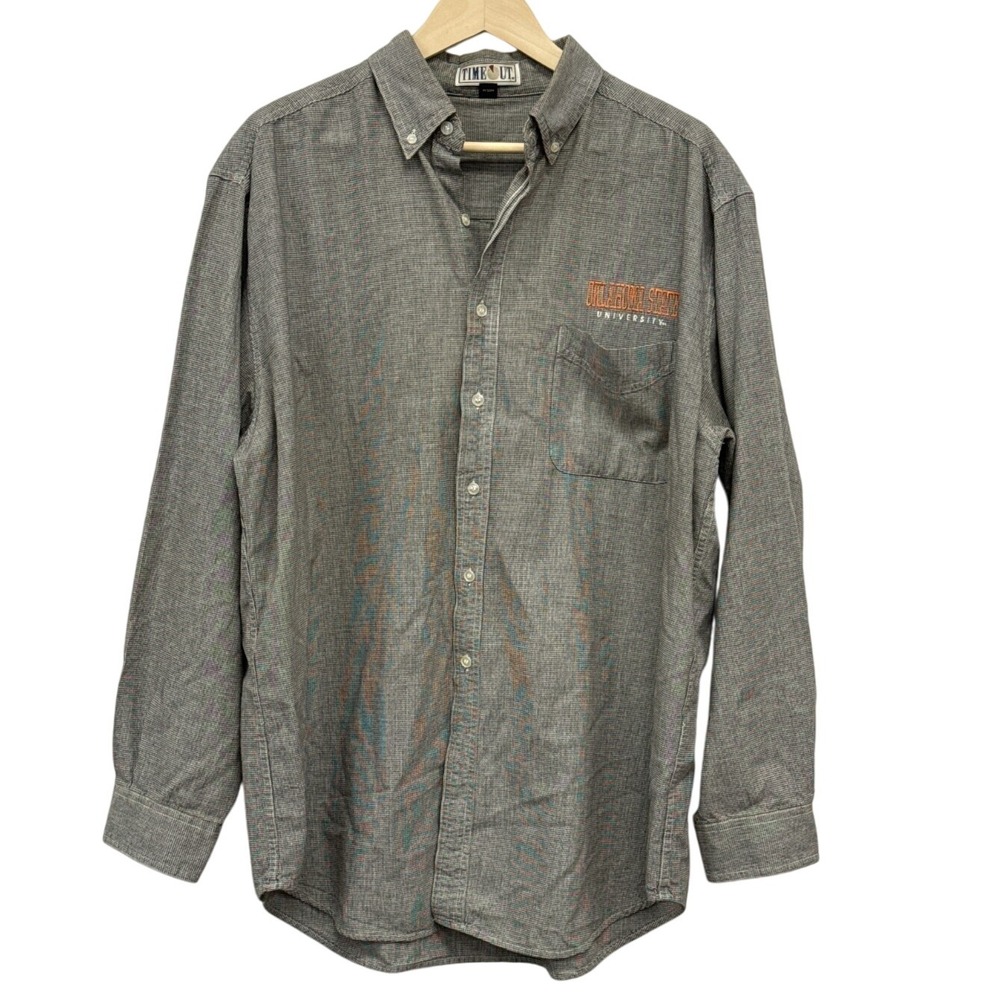 Time Out Oklahoma State University Mens XL‎ Button Down Shirt Grey Houndstooth